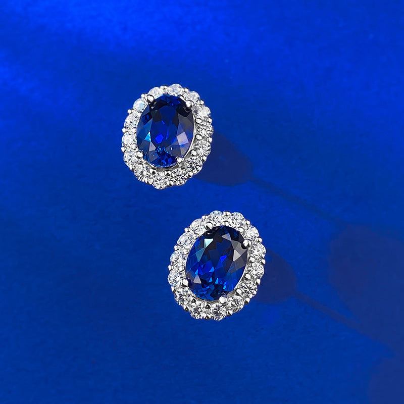 Mu Jing Jewelry S925 Silver Pigeon Blood Red 6*8mm Oval Blue Corundum Earrings Fashion Daily Joker Earrings