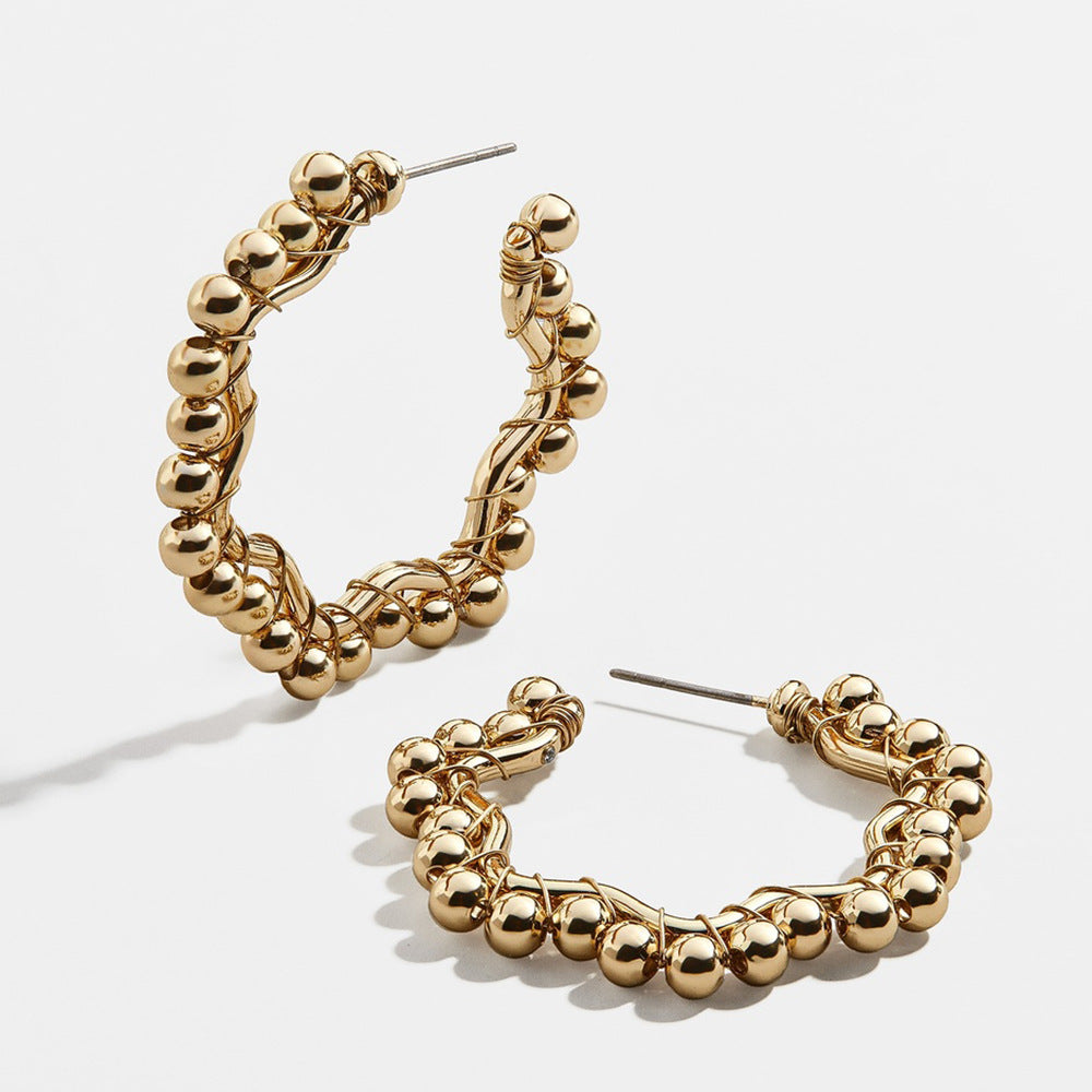 European And American Exaggerated Cold Style Geometric Polygonal Large Earrings Wrapped With Alloy Beads Personalized Asymmetrical Ring Earrings