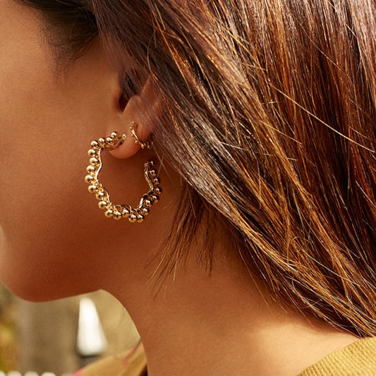 European And American Exaggerated Cold Style Geometric Polygonal Large Earrings Wrapped With Alloy Beads Personalized Asymmetrical Ring Earrings