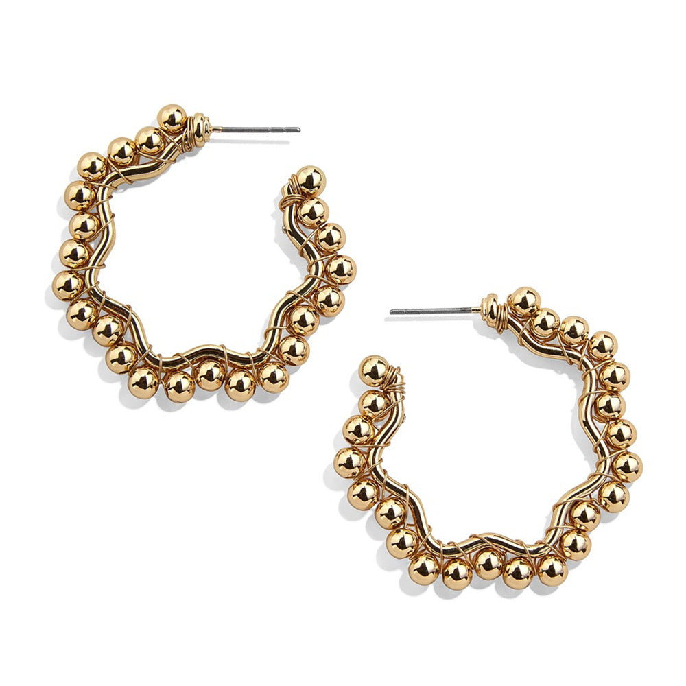European And American Exaggerated Cold Style Geometric Polygonal Large Earrings Wrapped With Alloy Beads Personalized Asymmetrical Ring Earrings