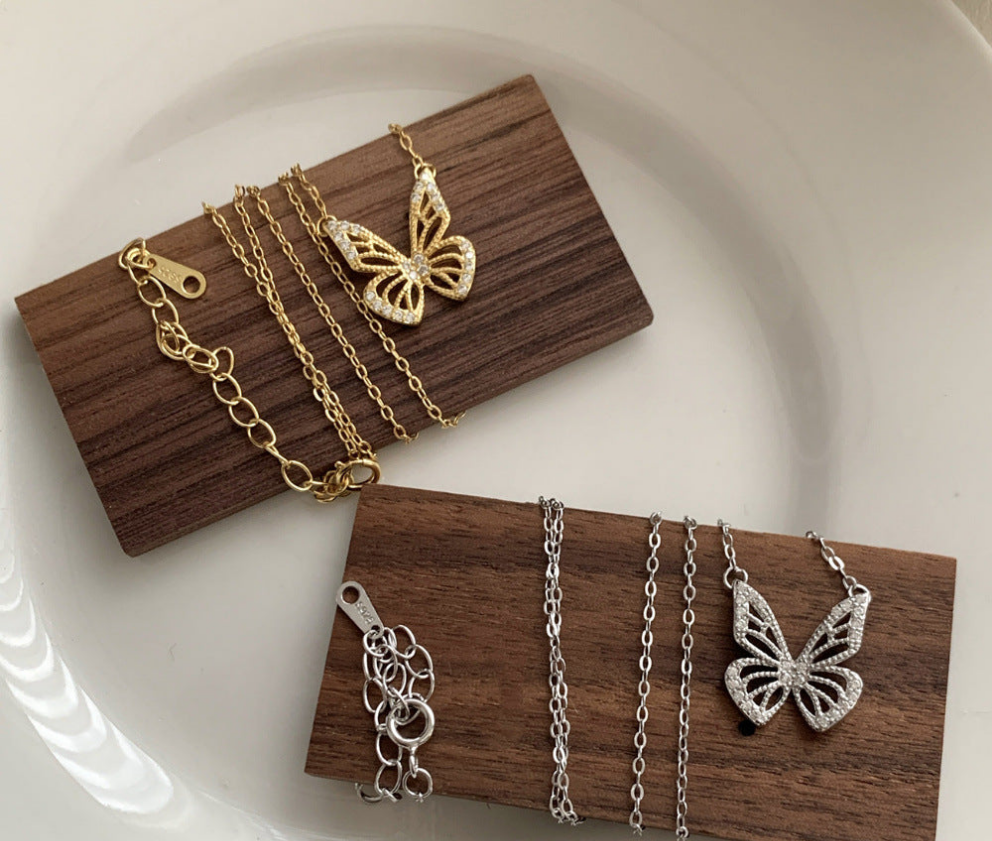 S925 Sterling Butterfly Necklace for Women – Dainty Hollow Pendant with Micro-inlaid Zircon, Minimalist Clavicle Chain, Elegant Jewelry Gift