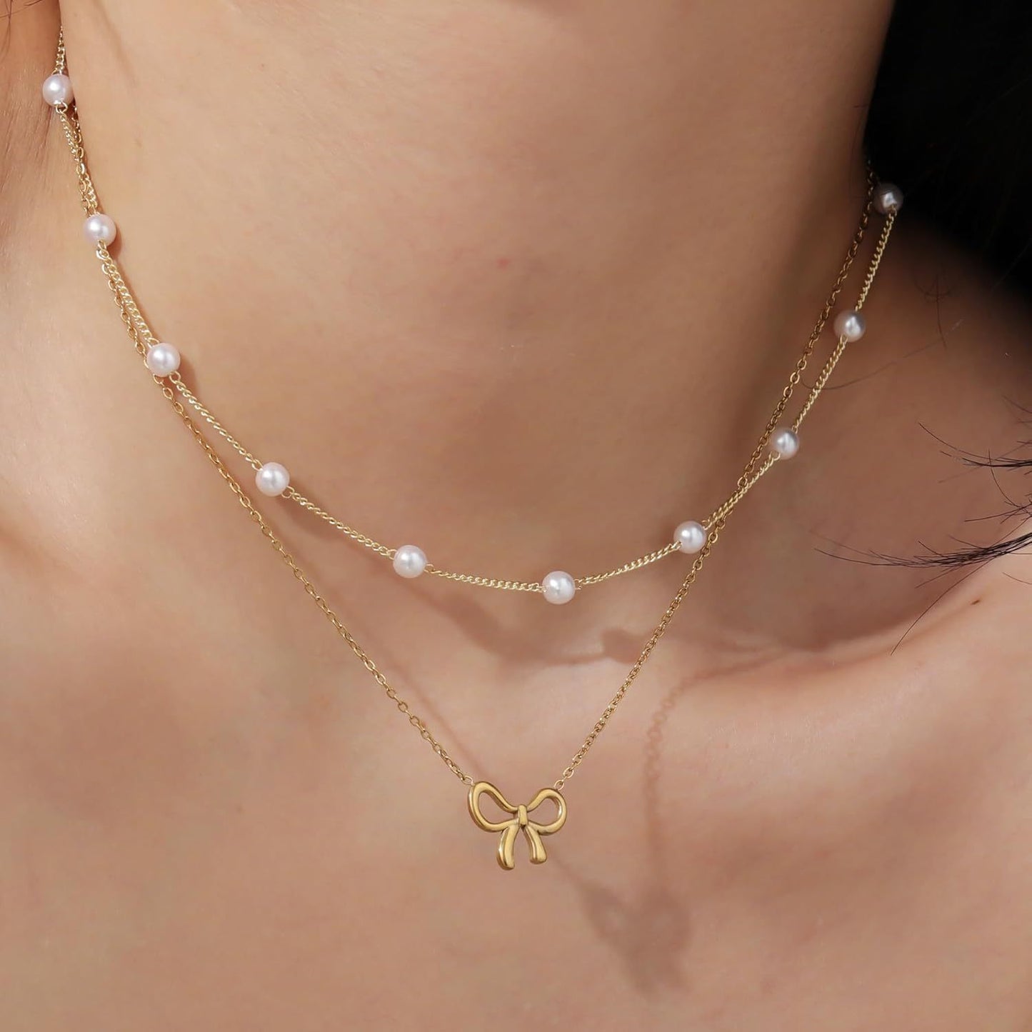 Cross-border Hot Sale Titanium Steel Escape Princess Pearl Bow Necklace Double Layer Overlapping Pearl Butterfly Clavicle Chain
