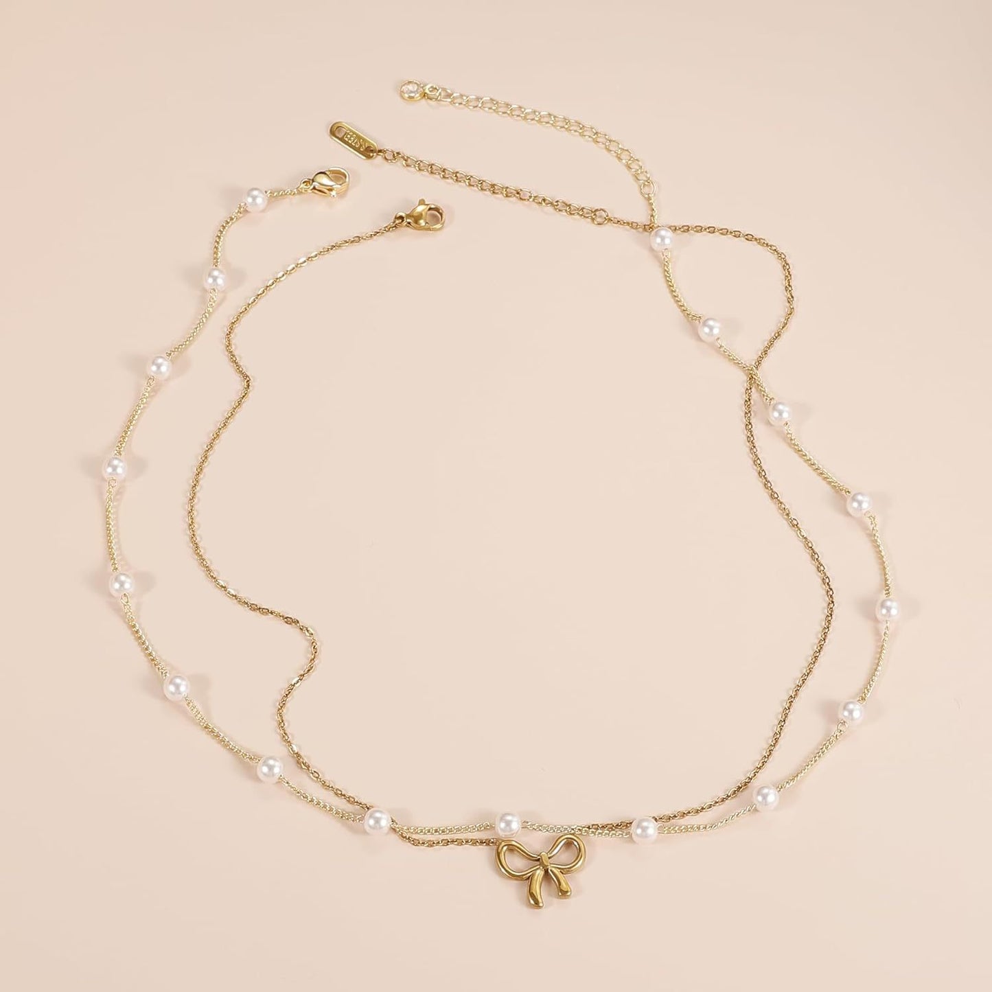 Cross-border Hot Sale Titanium Steel Escape Princess Pearl Bow Necklace Double Layer Overlapping Pearl Butterfly Clavicle Chain