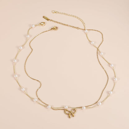 Cross-border Hot Sale Titanium Steel Escape Princess Pearl Bow Necklace Double Layer Overlapping Pearl Butterfly Clavicle Chain