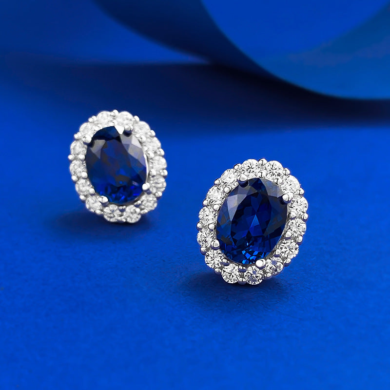 Mu Jing Jewelry S925 Silver Pigeon Blood Red 6*8mm Oval Blue Corundum Earrings Fashion Daily Joker Earrings