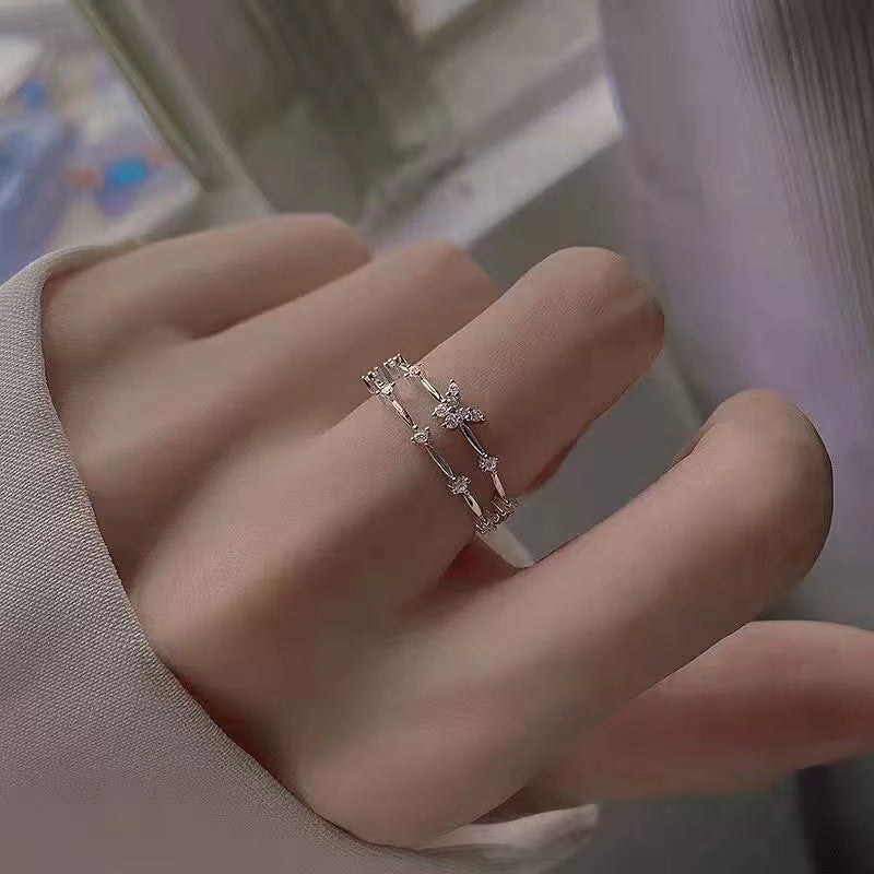 925 Silver-plated Ring Women's Double-layer Design Small Diamond Butterfly Popular Sweet Bracelet Korean Style Fresh Ring New