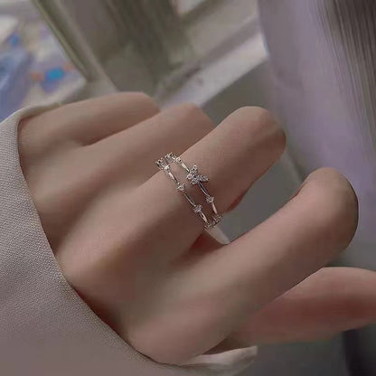 925 Silver-plated Ring Women's Double-layer Design Small Diamond Butterfly Popular Sweet Bracelet Korean Style Fresh Ring New