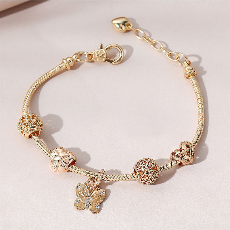 Panjia Bracelet Dora DIY Beaded Cross-border Explosions Adjustable Alloy Heart-shaped Butterfly Diamond Pendant Copper Bracelet