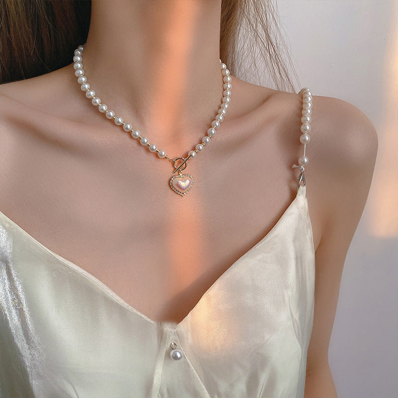 Light Luxury Pearl Love Necklace Women's 2023 New Trendy Niche Design Sense Collarbone Chain Fashionable All-match Neck Chain