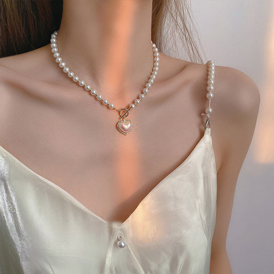 Light Luxury Pearl Love Necklace Women's 2023 New Trendy Niche Design Sense Collarbone Chain Fashionable All-match Neck Chain