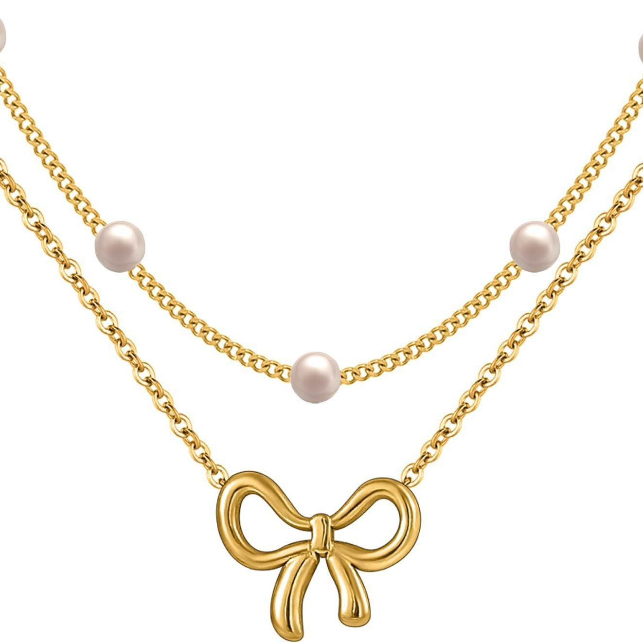 Cross-border Hot Sale Titanium Steel Escape Princess Pearl Bow Necklace Double Layer Overlapping Pearl Butterfly Clavicle Chain