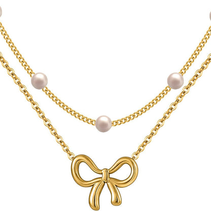 Cross-border Hot Sale Titanium Steel Escape Princess Pearl Bow Necklace Double Layer Overlapping Pearl Butterfly Clavicle Chain