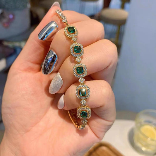 Europe And The United States Cross-border New Simulation Color Tourmaline Princess Square Full Diamond Bracelet Women's Simple Personality Bracelet Jewelry