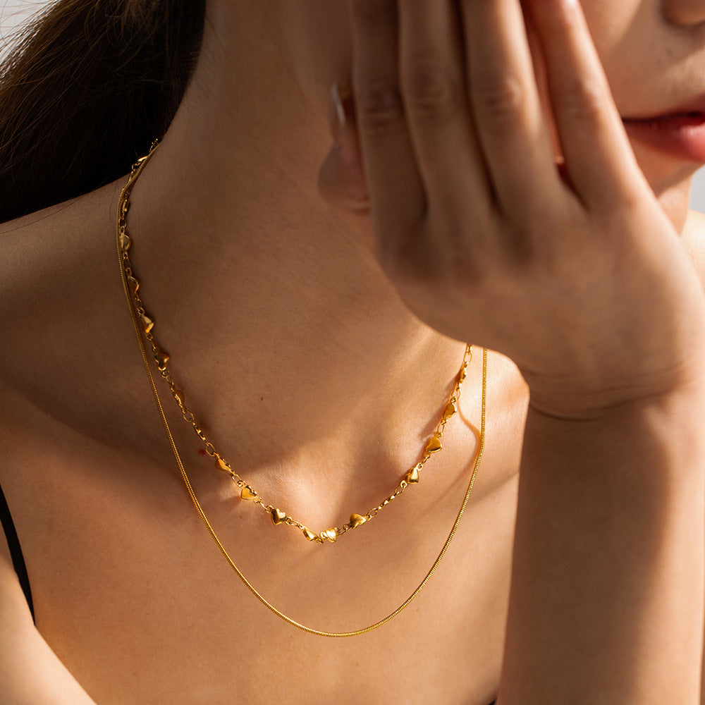 European And American Gold Folded Clavicle Chain Women's Non-fading Personality Simple All-match Temperament Love Double Necklace Jewelry