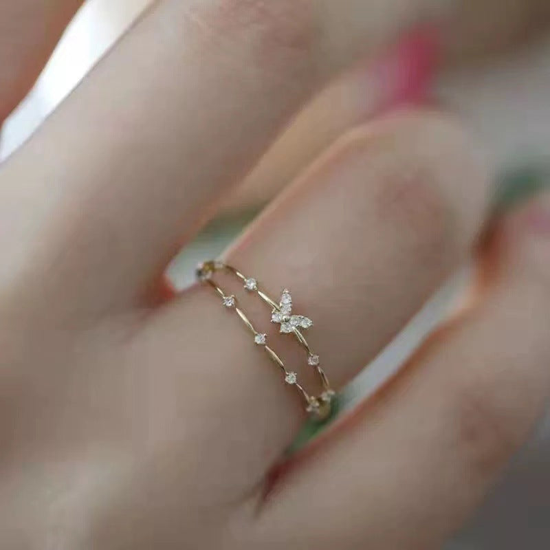 925 Silver-plated Ring Women's Double-layer Design Small Diamond Butterfly Popular Sweet Bracelet Korean Style Fresh Ring New