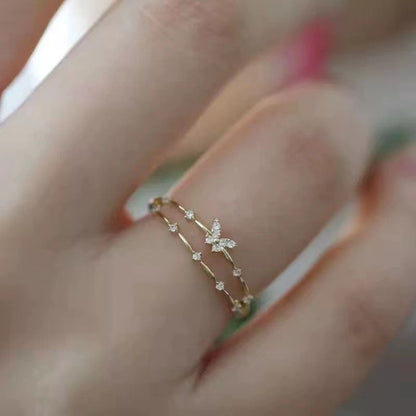 925 Silver-plated Ring Women's Double-layer Design Small Diamond Butterfly Popular Sweet Bracelet Korean Style Fresh Ring New