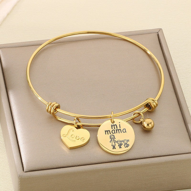 European And American Fashion Stylish Stainless Steel Jewelry Adjustable Heart-Shaped Family Mom Telescopic Bracelet Female Ladieswear's Day Gift
