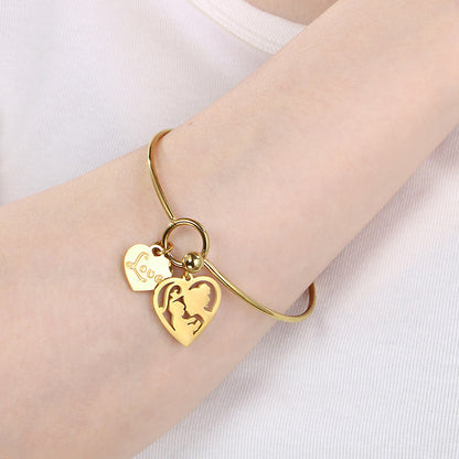 European And American Fashion Stylish Stainless Steel Jewelry Adjustable Heart-Shaped Family Mom Telescopic Bracelet Female Ladieswear's Day Gift