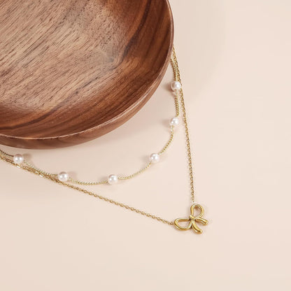 Cross-border Hot Sale Titanium Steel Escape Princess Pearl Bow Necklace Double Layer Overlapping Pearl Butterfly Clavicle Chain