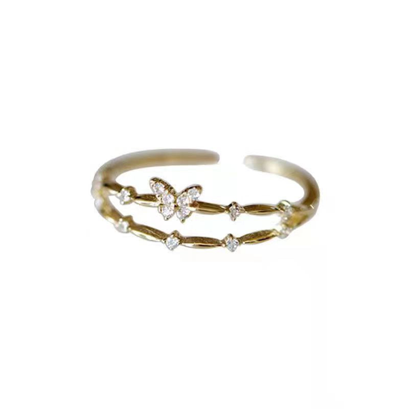 925 Silver-plated Ring Women's Double-layer Design Small Diamond Butterfly Popular Sweet Bracelet Korean Style Fresh Ring New
