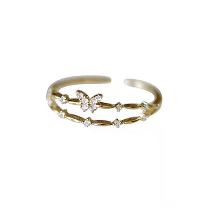 925 Silver-plated Ring Women's Double-layer Design Small Diamond Butterfly Popular Sweet Bracelet Korean Style Fresh Ring New