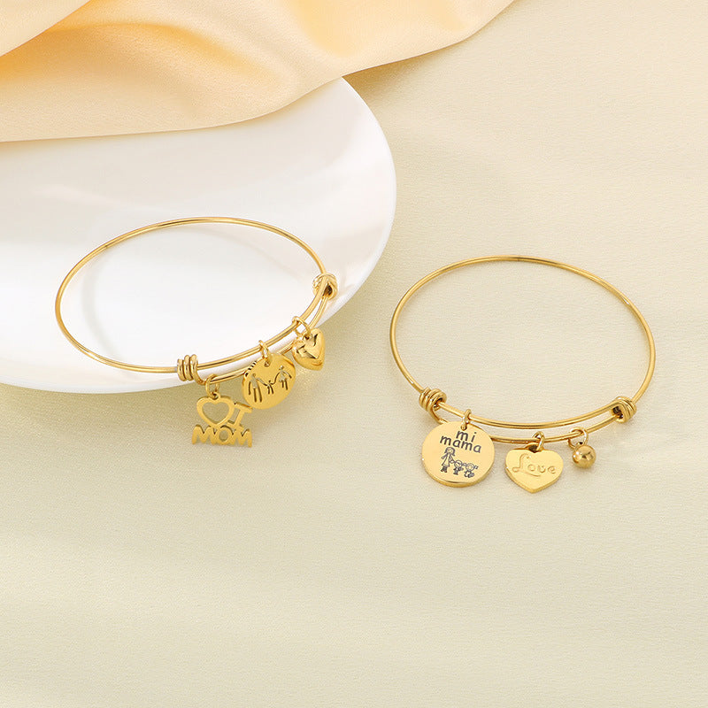 European And American Fashion Stylish Stainless Steel Jewelry Adjustable Heart-Shaped Family Mom Telescopic Bracelet Female Ladieswear's Day Gift