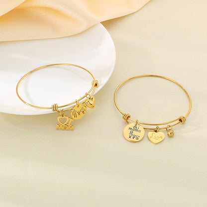 European And American Fashion Stylish Stainless Steel Jewelry Adjustable Heart-Shaped Family Mom Telescopic Bracelet Female Ladieswear's Day Gift