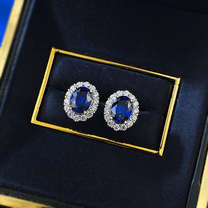 Mu Jing Jewelry S925 Silver Pigeon Blood Red 6*8mm Oval Blue Corundum Earrings Fashion Daily Joker Earrings