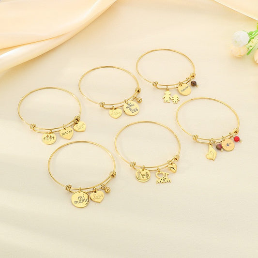 European And American Fashion Stylish Stainless Steel Jewelry Adjustable Heart-Shaped Family Mom Telescopic Bracelet Female Ladieswear's Day Gift