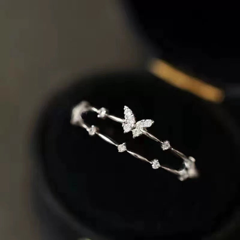 925 Silver-plated Ring Women's Double-layer Design Small Diamond Butterfly Popular Sweet Bracelet Korean Style Fresh Ring New