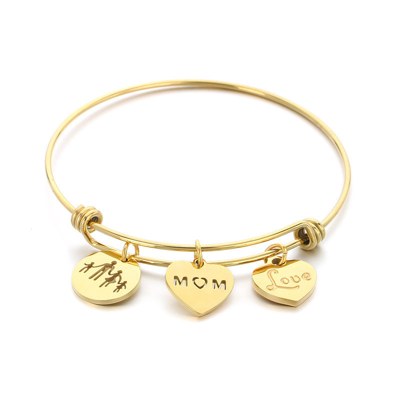 European And American Fashion Stylish Stainless Steel Jewelry Adjustable Heart-Shaped Family Mom Telescopic Bracelet Female Ladieswear's Day Gift